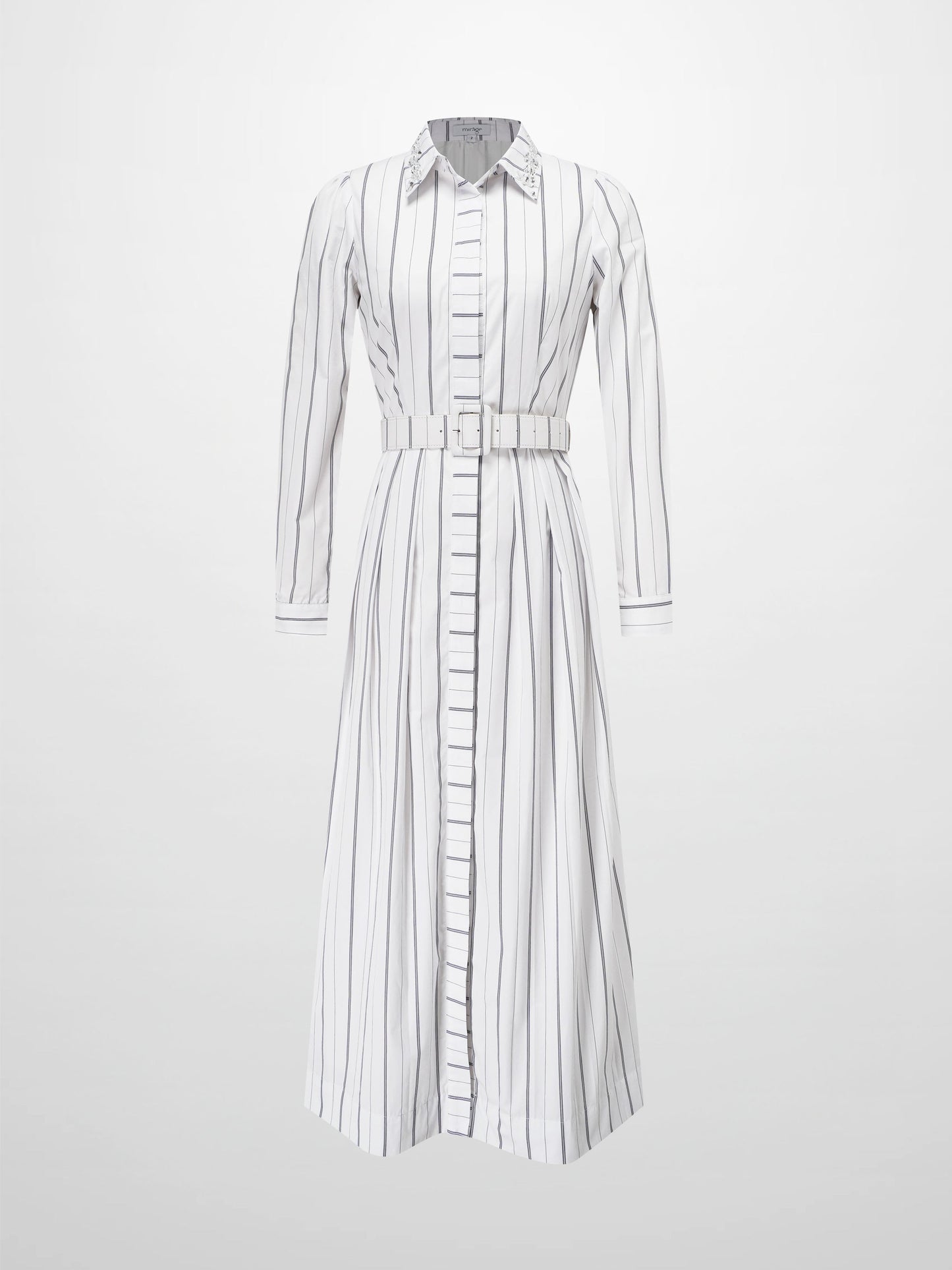 Jeweled Collar Belted Shirtdress-White Pinstripe-1