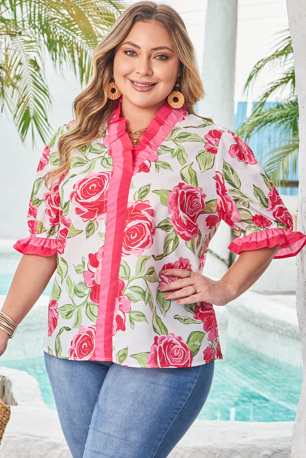 Elise Plus Size Floral Frilled Stripes Blouse-3