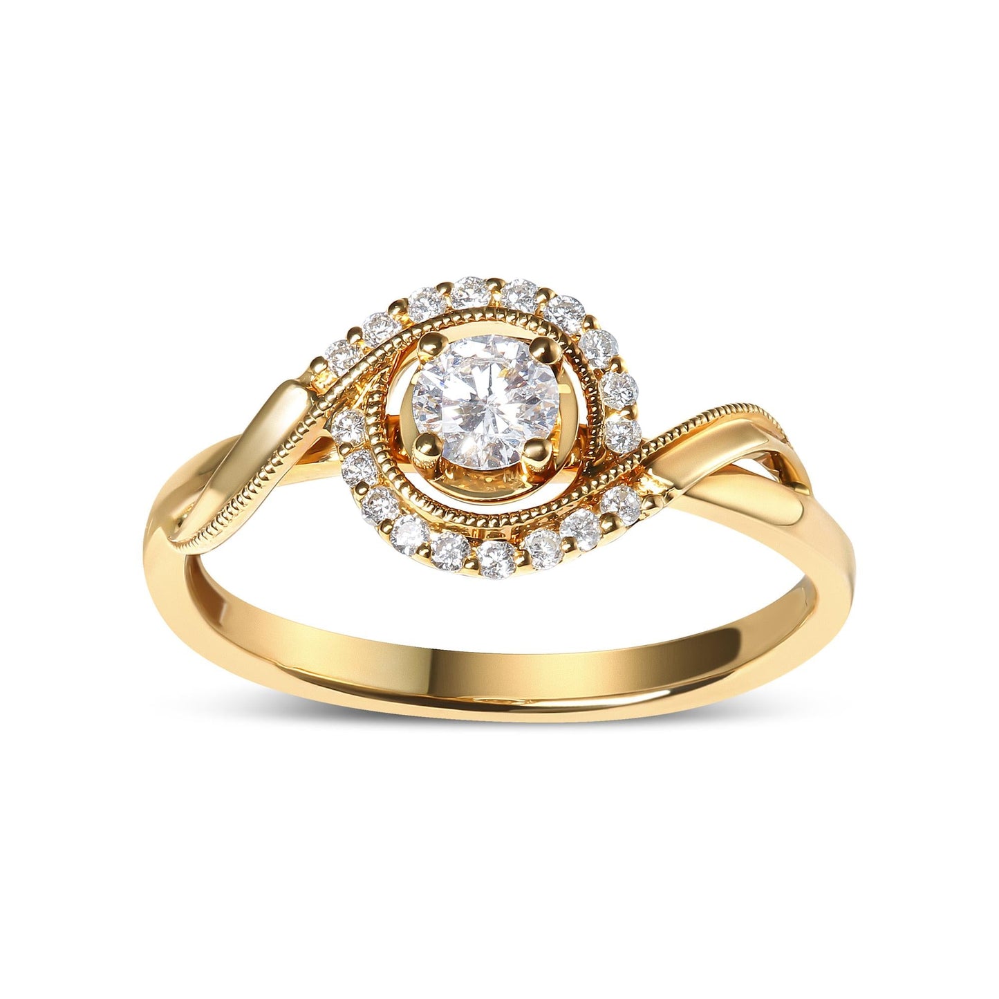 14K Yellow Gold 1/3 Cttw Diamond Solitaire and Halo Swirl Engagement Ring (G-H Color, VS2-SI1 Clarity)- Size 7-1