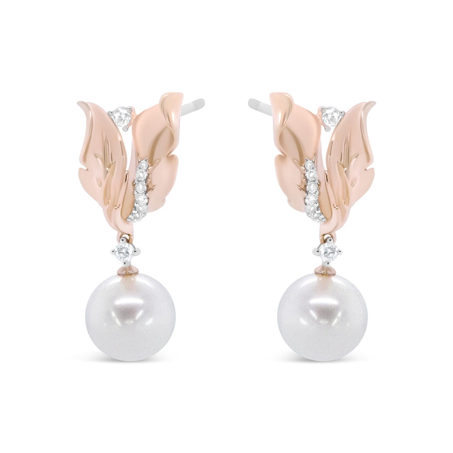 14K Rose Gold 1/6 Cttw Round Diamond and 8mm Round Pearl Floral Drop Stud Earrings (H-I Color, I1-I2 Clarity)-1