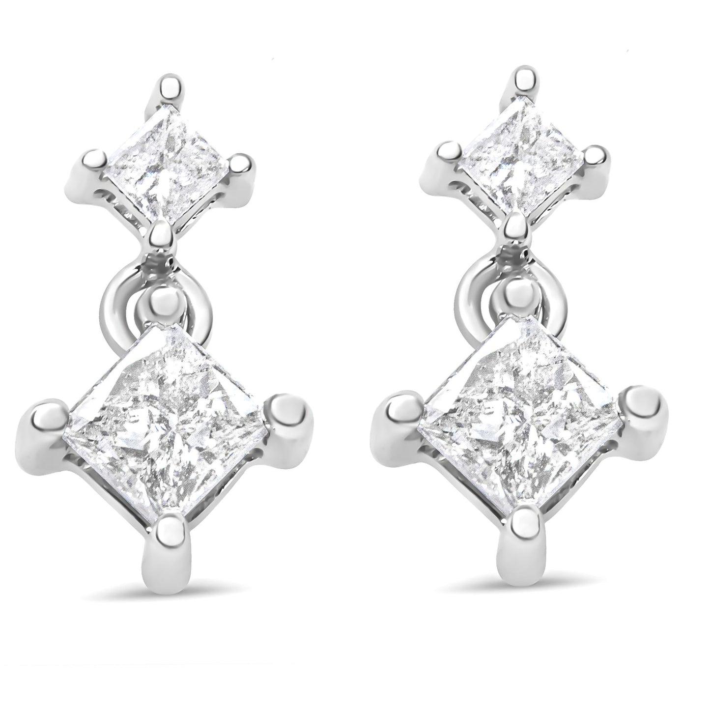 14K White Gold 3/8 Cttw Princess-Cut Diamond Double Dangle 2 Stone Stud Drop Earrings for Women (I-J Color, I2-I3 Clarity)-1