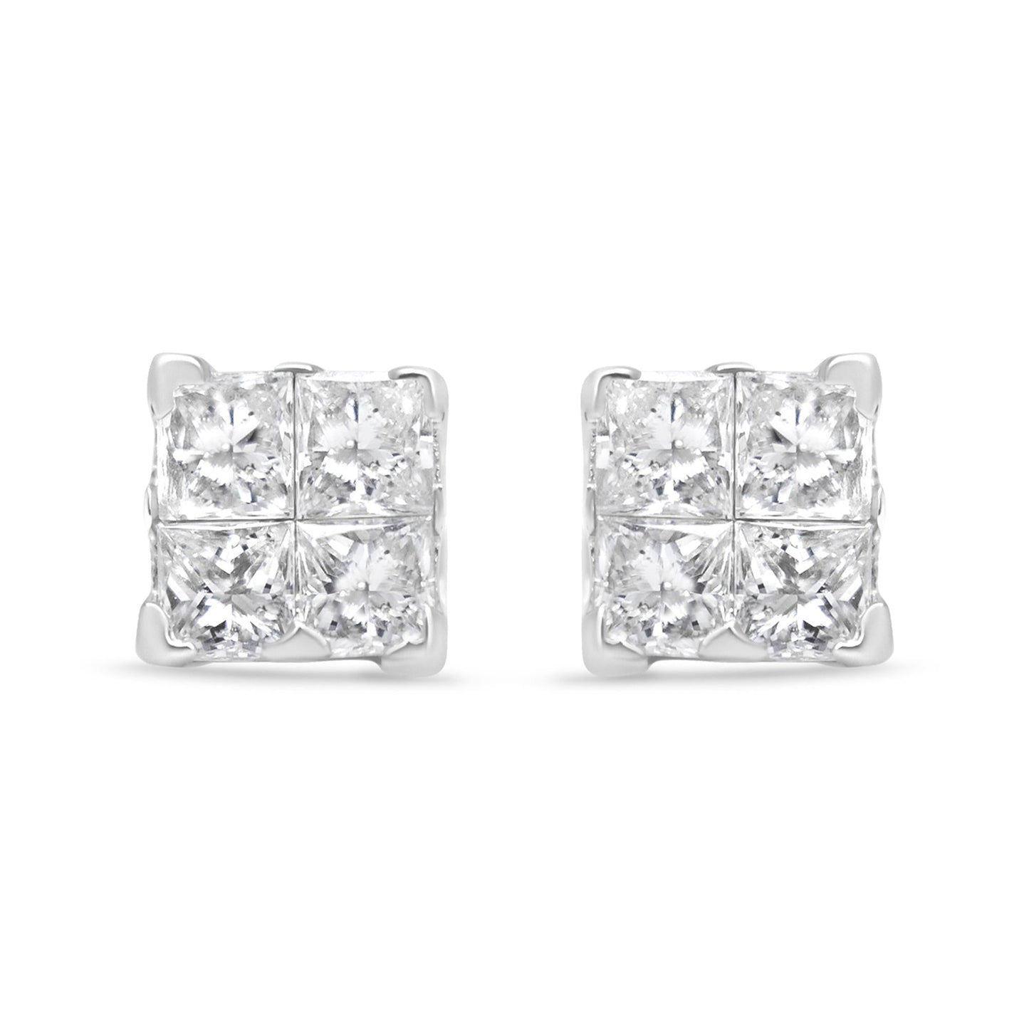 .925 Sterling Silver 5/8 Cttw Princess Cut Diamond Invisible Set Quad Composite Stud Earrings (I-J Color, I2-I3 Clarity)-1