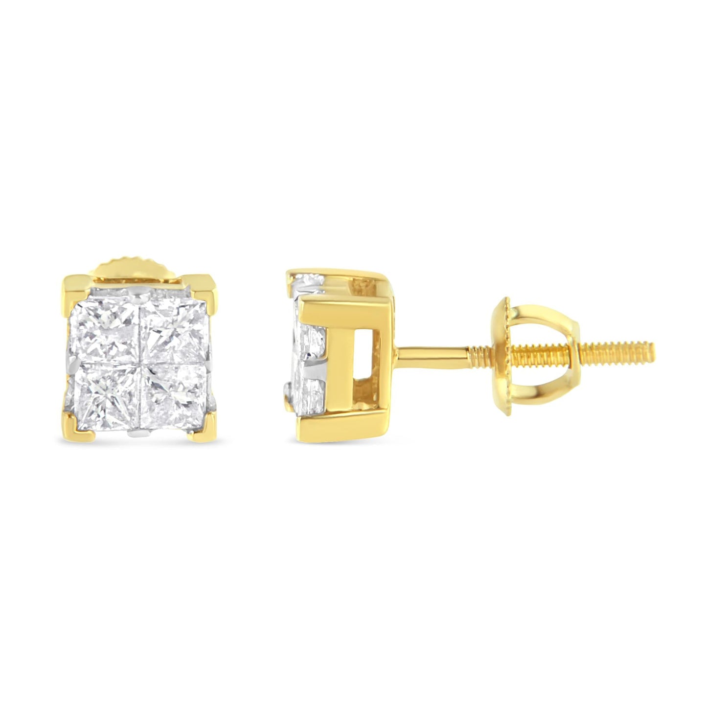 10K Yellow Gold 3/4 Cttw Invisible Set Princess-Cut Diamond Composite Square Stud Earrings (I-J Color, I2-I3 Clarity)-1
