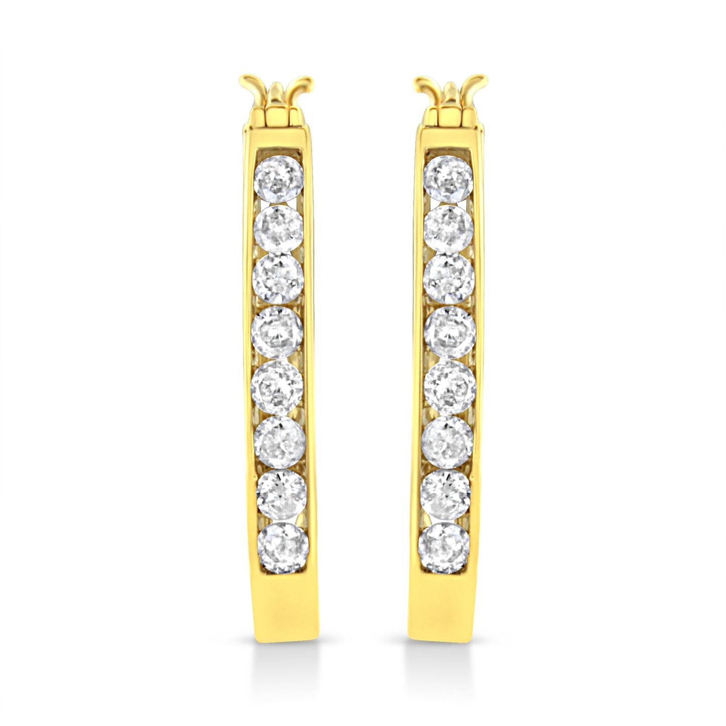 14k Yellow Gold Plated .925 Sterling Silver 1.0 Cttw Channel Set Brilliant Round Cut Diamond Hoop Earrings (J-K Color, I2-I3 Clarity)-1