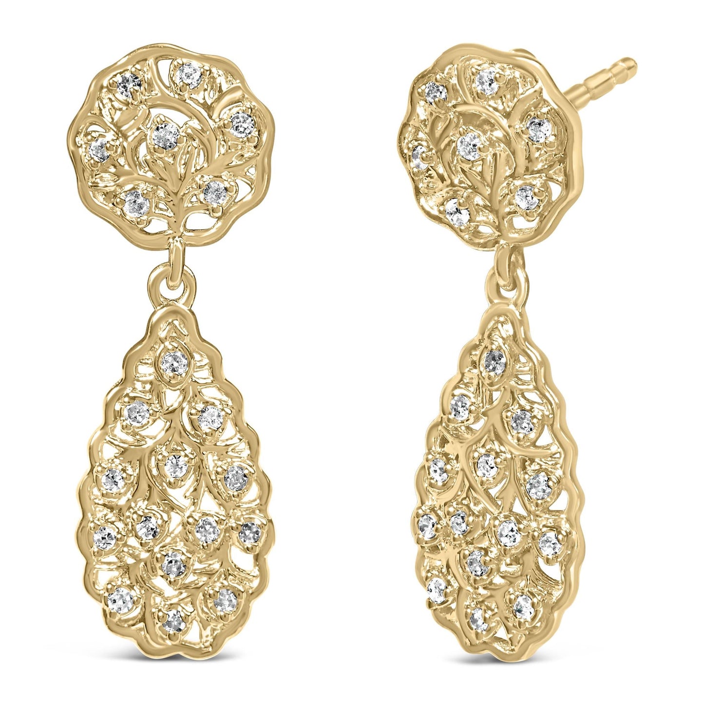 14K Yellow Gold Plated Sterling Silver 1/5 Cttw Diamond Teardrop Filigree Earrings (H-I Color, I1-I2 Clarity)-1