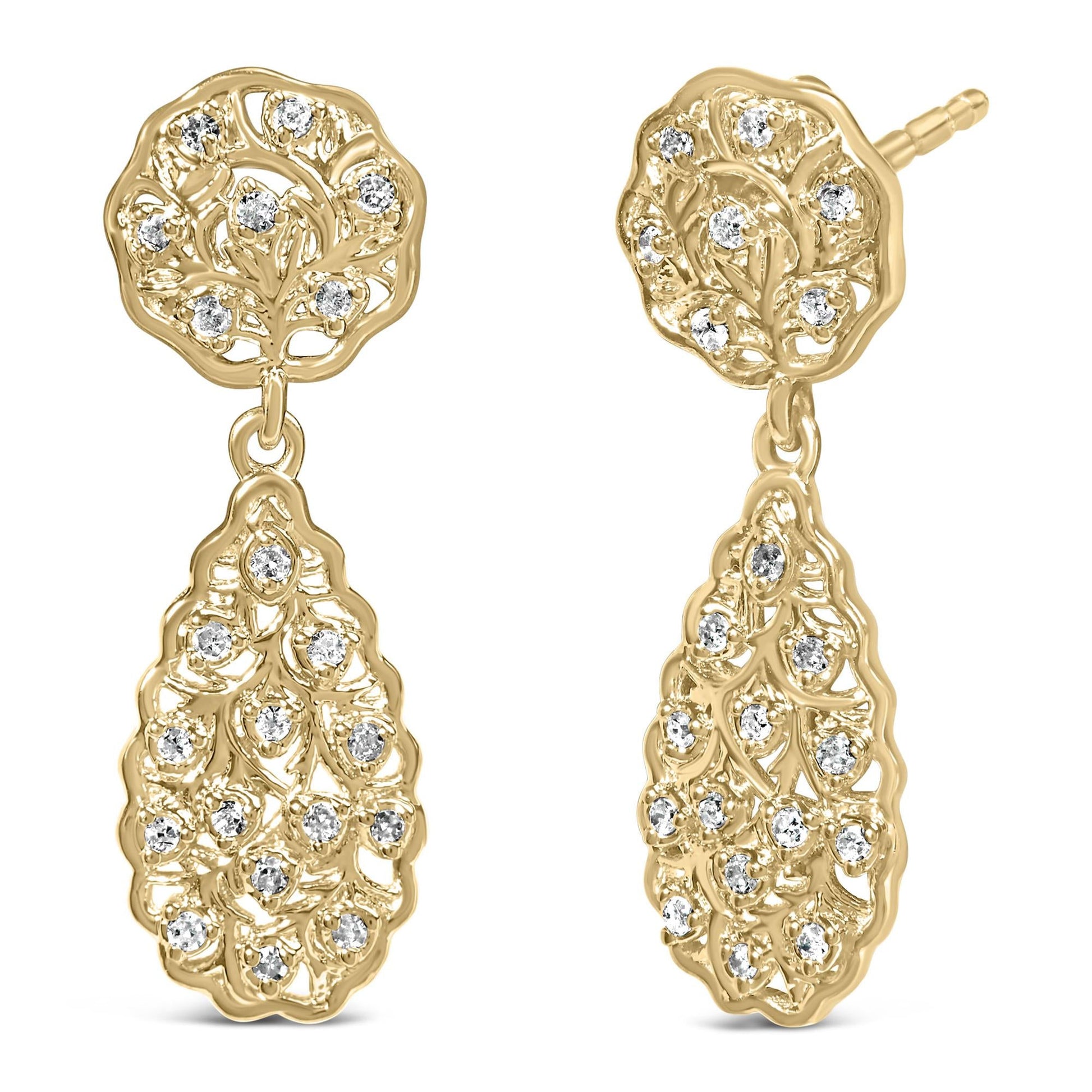 14K Yellow Gold Plated Sterling Silver 1/5 Cttw Diamond Teardrop Filigree Earrings (H-I Color, I1-I2 Clarity)-1