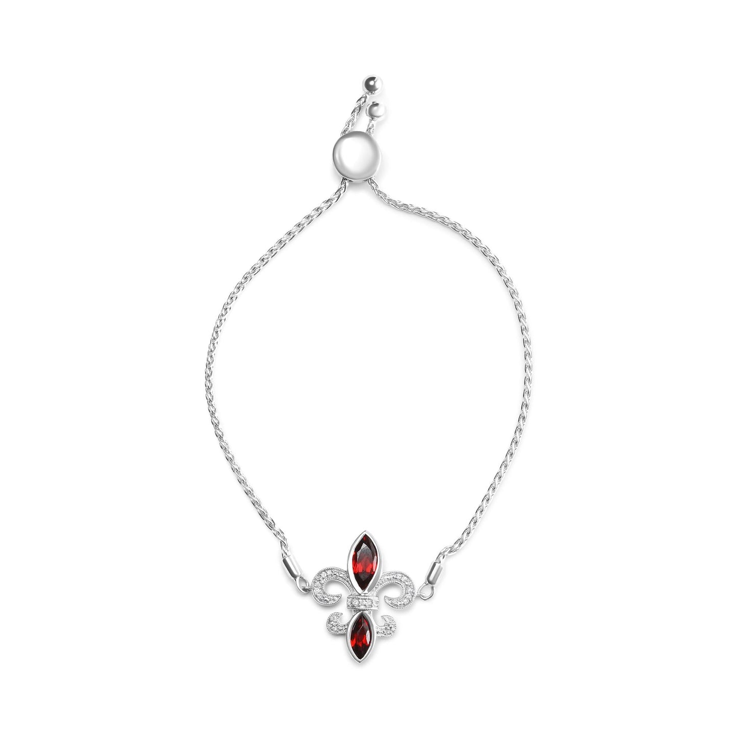.925 Sterling Silver Marquise Garnet and Diamond Accent Lariat 4”-10” Fleur De Lis Adjustable Bolo Bracelet (H-I Color, SI1-SI2 Clarity)-1