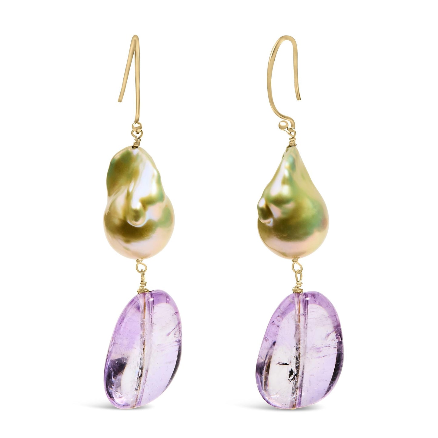 14K Yellow Gold Amethyst and Baroque Pearl Drop and Dangle Earrings 2" Inch Dangle Length-1