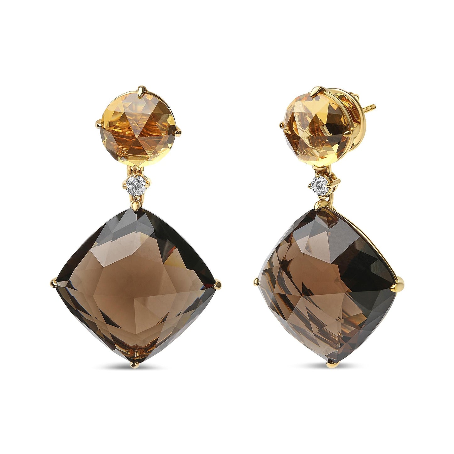 18K Yellow Gold 1/5 Cttw Diamond with Round Yellow Citrine and 25mm Cushion Cut Smoky Quartz Gemstone Dangle Earring (G-H Color, SI1-SI2 Clarity)-1