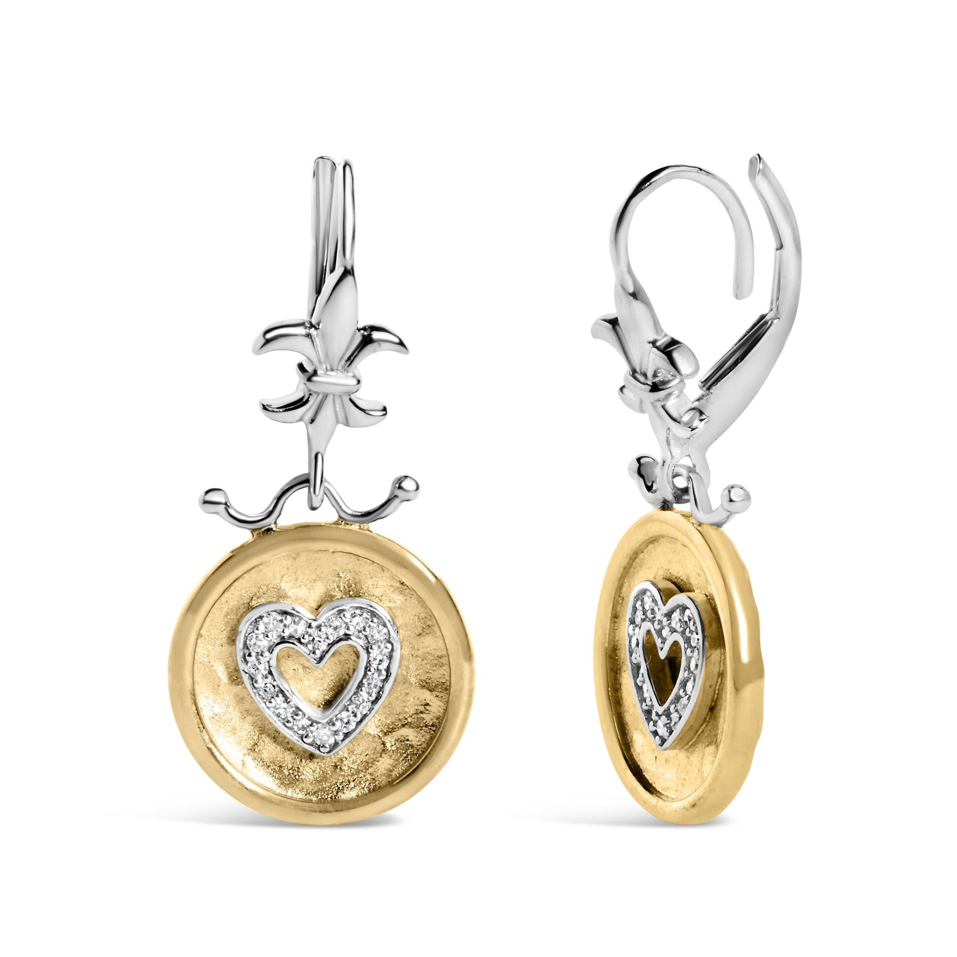 18K Yellow Gold Plated .925 Sterling Silver 1/8 Cttw Diamond Hammered Finished Medallion Heart Drop and Dangle Earrings (I-J Color, SI1-SI2 Clarity)-2