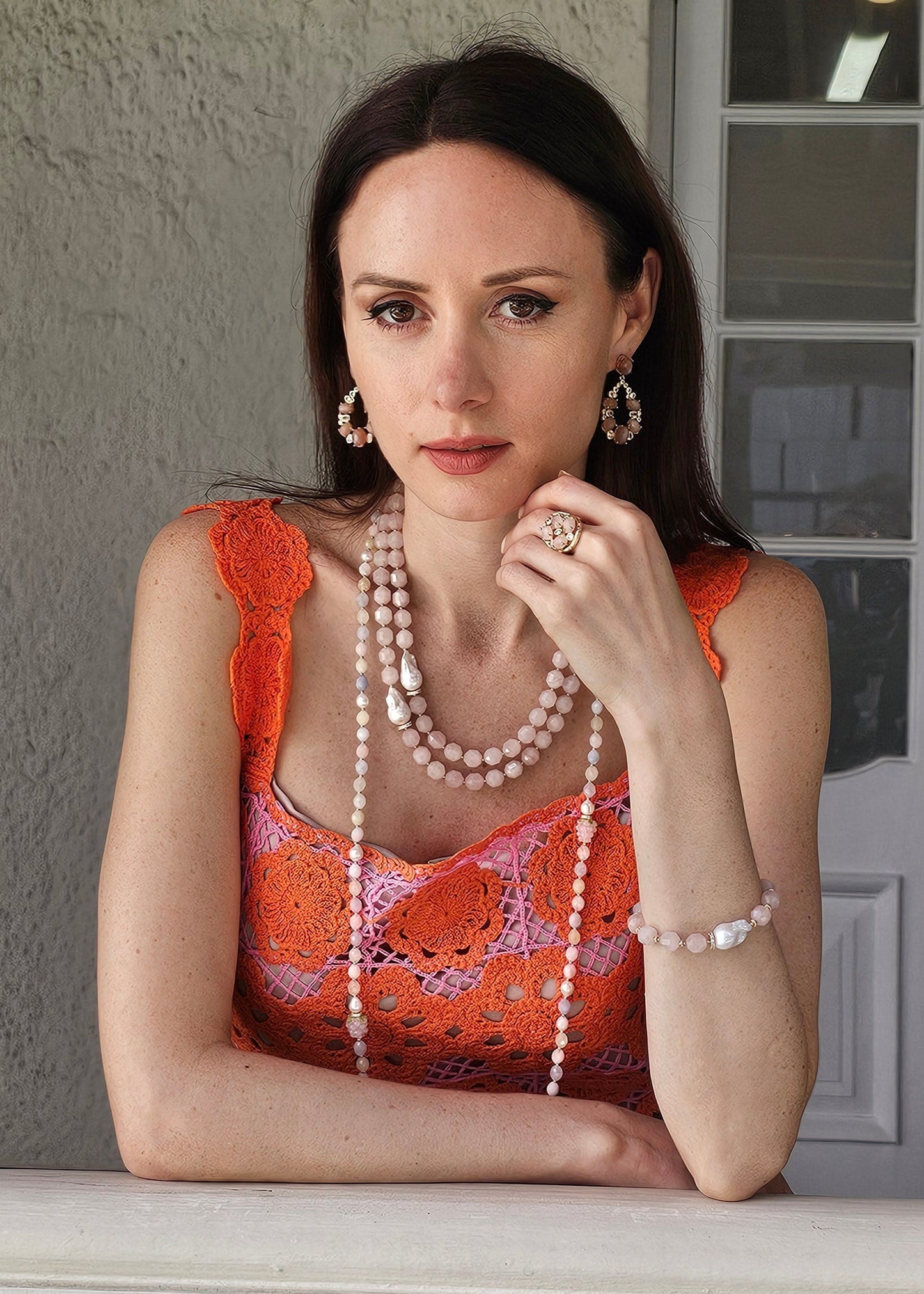 Faceted Rose Quartz With Baroque Pearls Double Layers Necklace PN039-4