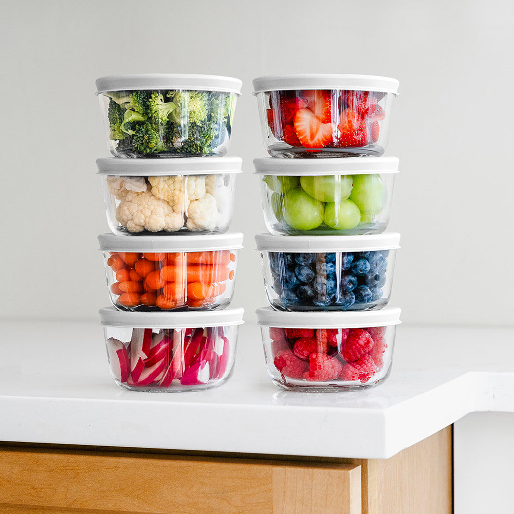 16 Piece (7oz) Round Glass Food Storage Container Set (8 Containers + 8 Lids) with Bonus Lids-3