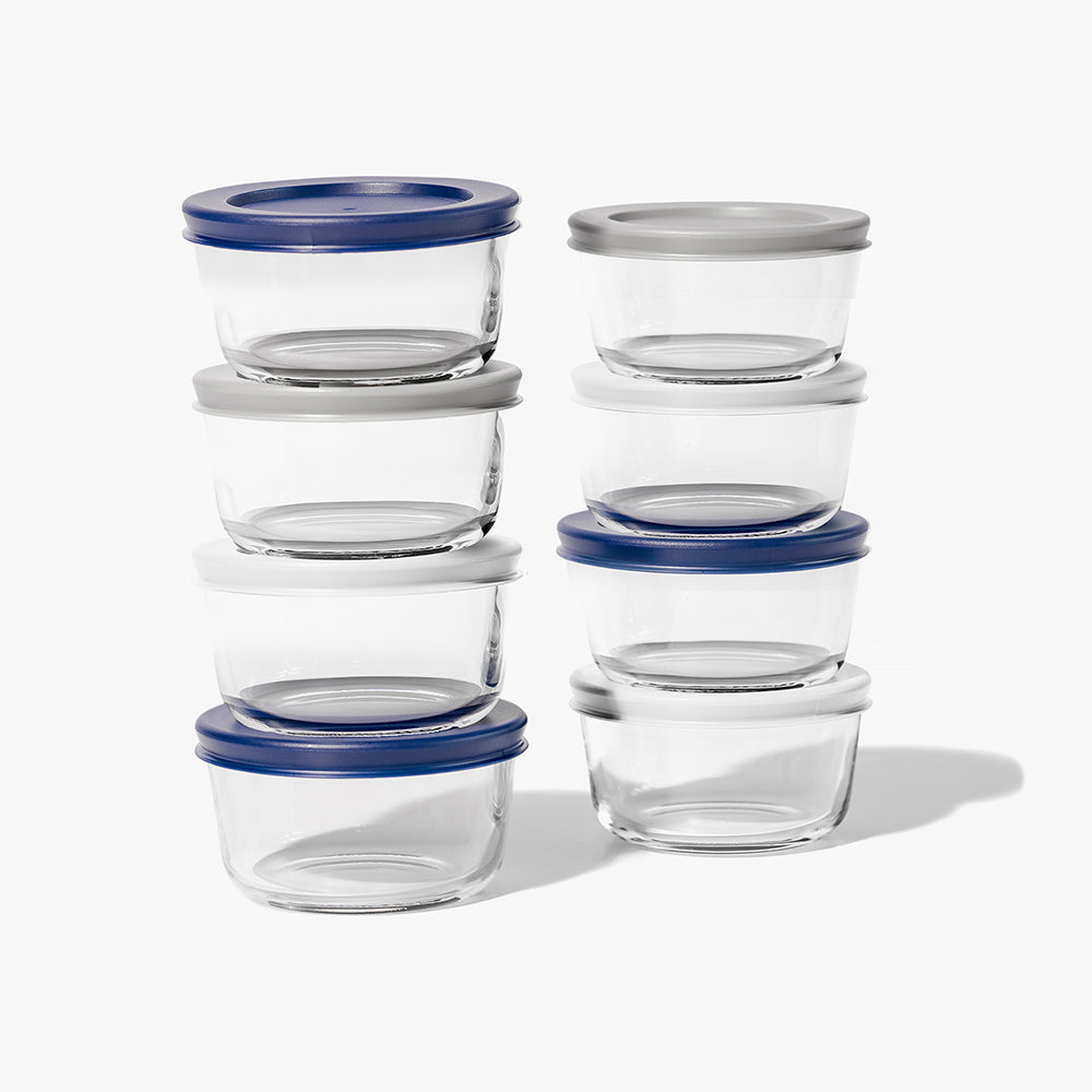 16 Piece (7oz) Round Glass Food Storage Container Set (8 Containers + 8 Lids) with Bonus Lids-1
