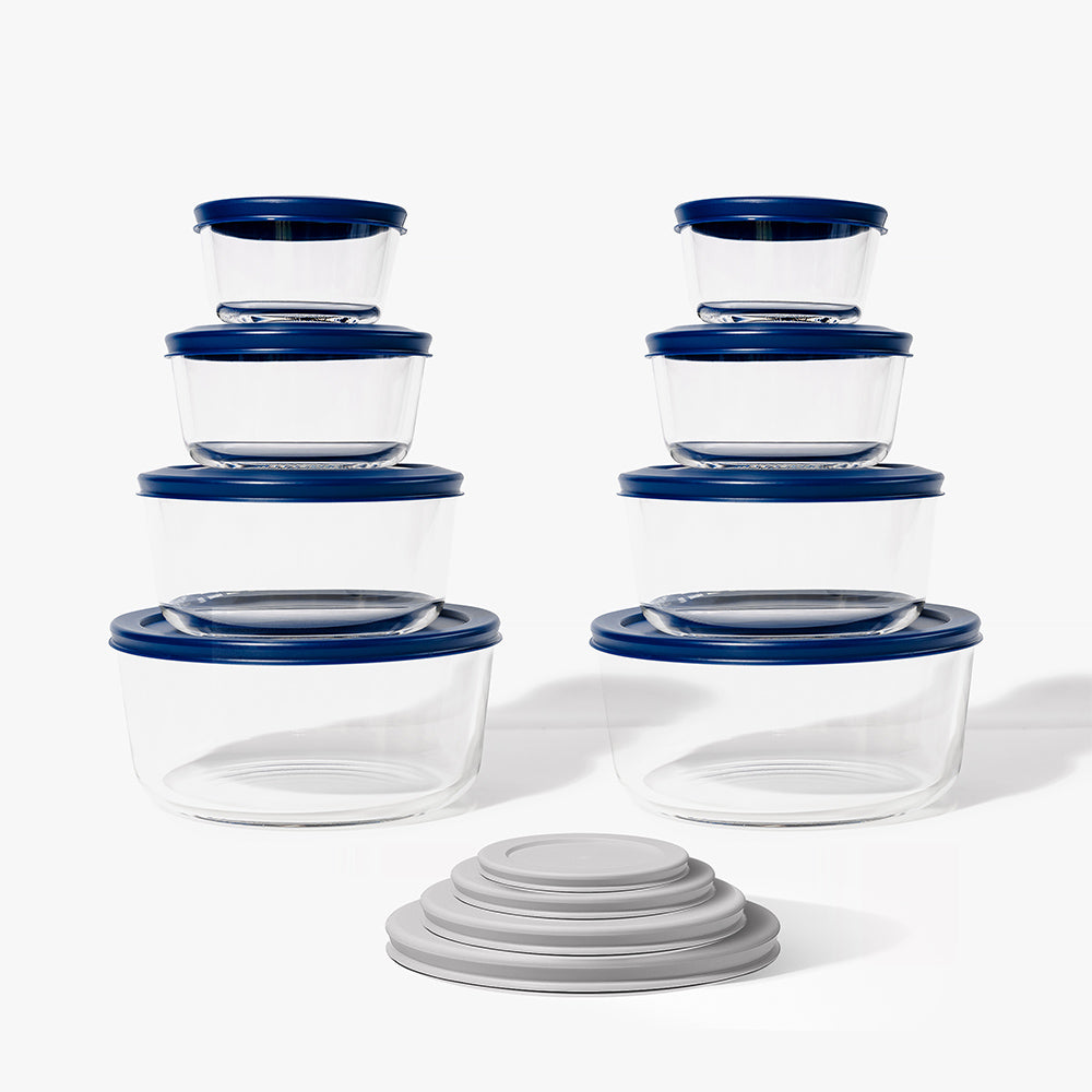 16 Piece Round Nest Space-Saving Glass Storage Container Set (8 Containers + 8 Lids) With Bonus Lids-0