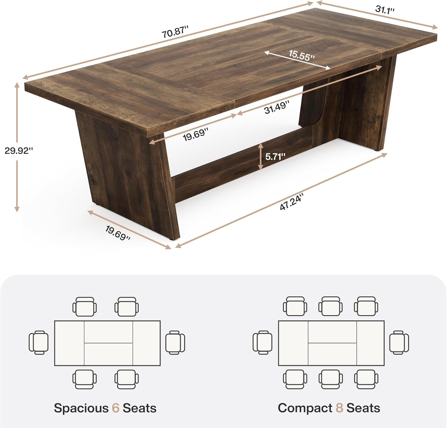 70 Inch Rectangular Brown SolidWood DiningTable HeavyDuty-1