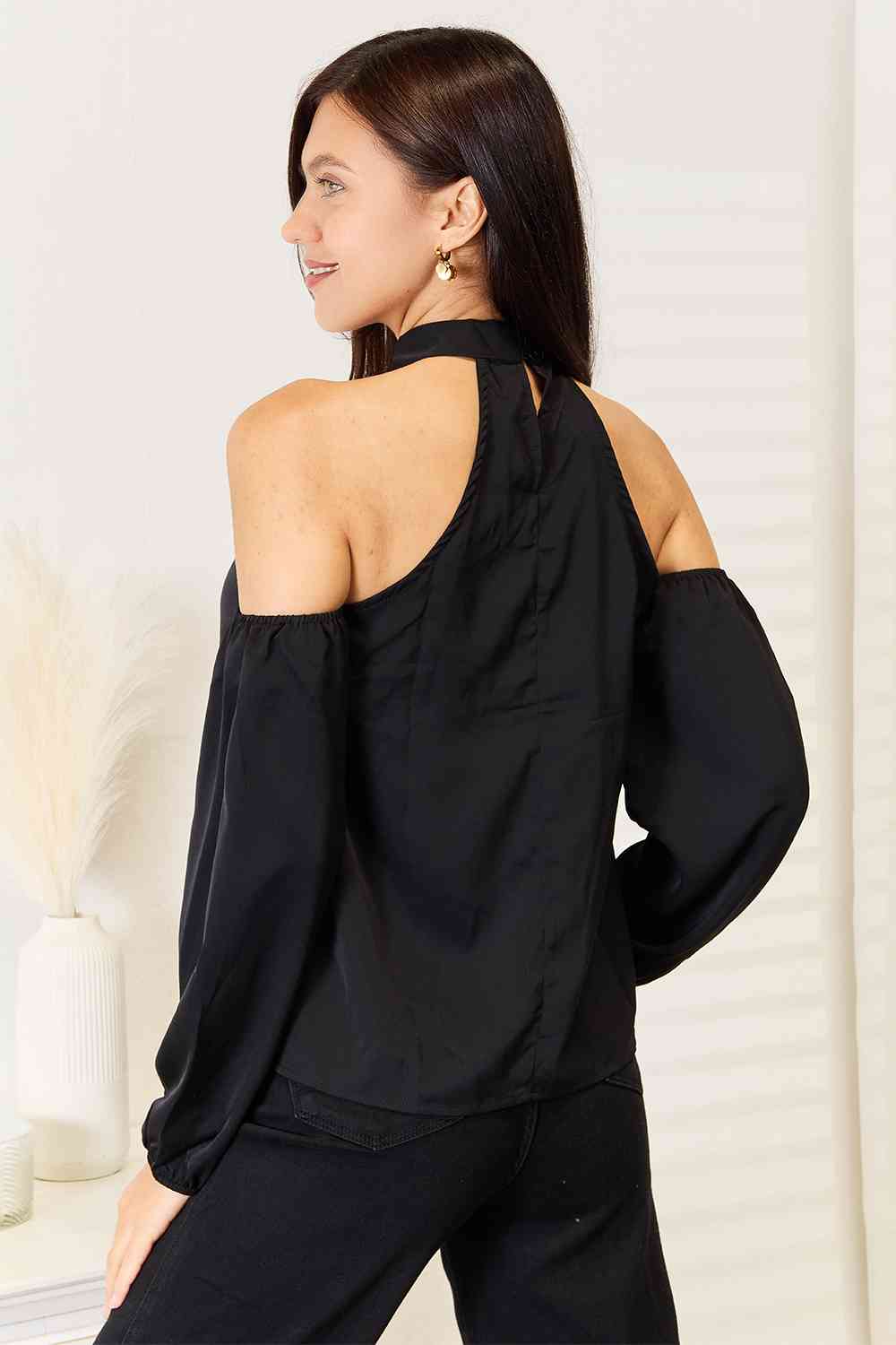 Double Take Grecian Cold Shoulder Long Sleeve Blouse-1