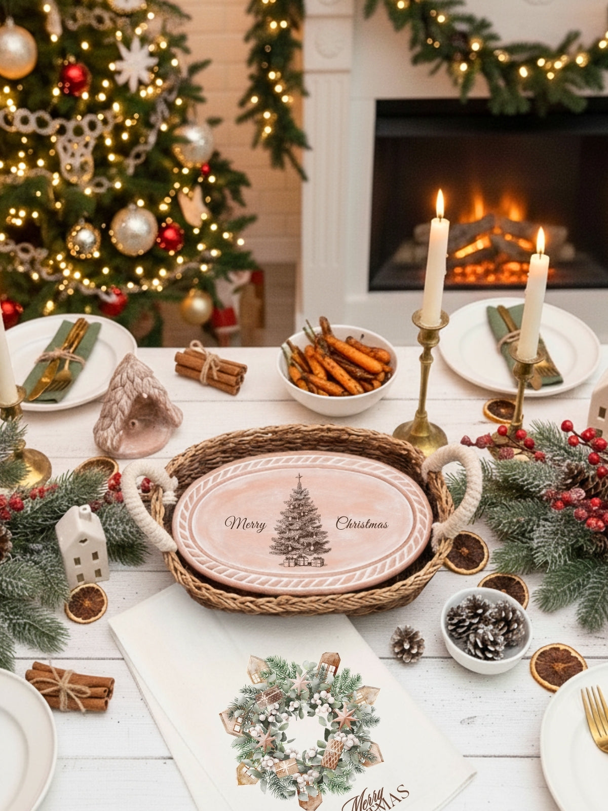 Bread Warmer & Basket Gift Set with Tea Towel - Christmas Tree Oval-1