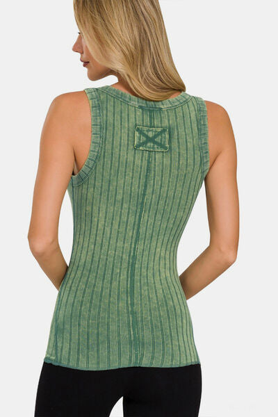 Zenana Washed Ribbed Half Snap Henry Tank-1