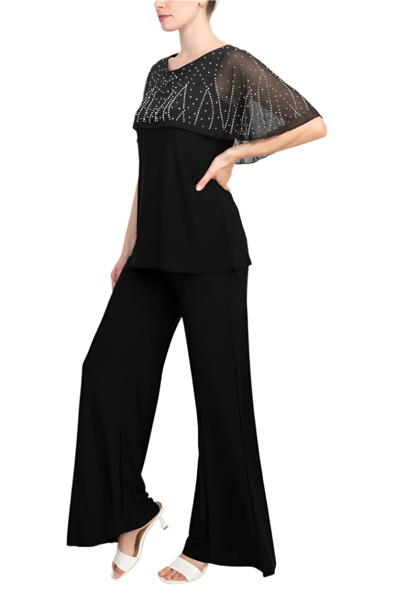 Marina Boat Neck Embellished Capelet Sleeve Solid Top and Elastic Mid Waist Wide Leg Two Piece Pant Set-1