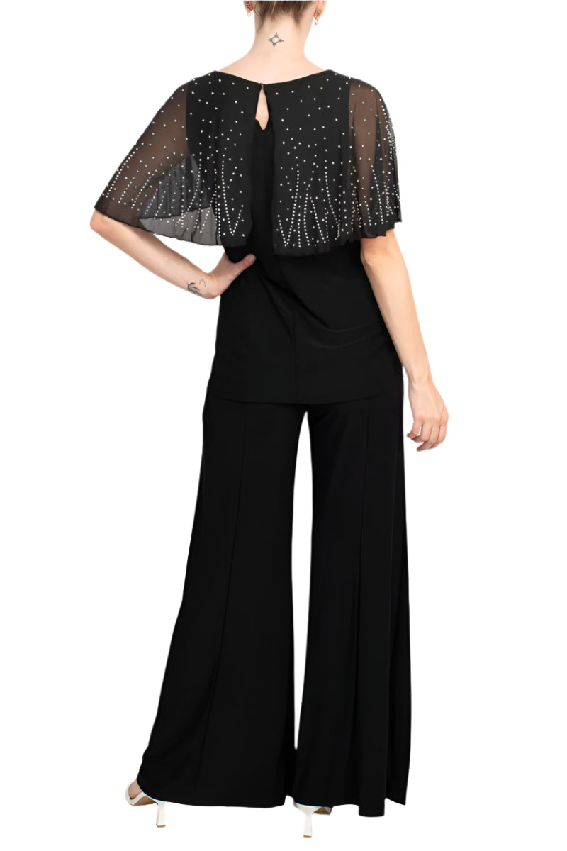 Marina Boat Neck Embellished Capelet Sleeve Solid Top and Elastic Mid Waist Wide Leg Two Piece Pant Set-2