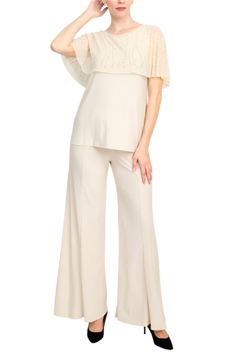 Marina Boat Neck Embellished Capelet Sleeve Solid Top and Elastic Mid Waist Wide Leg Two Piece Pant Set-5