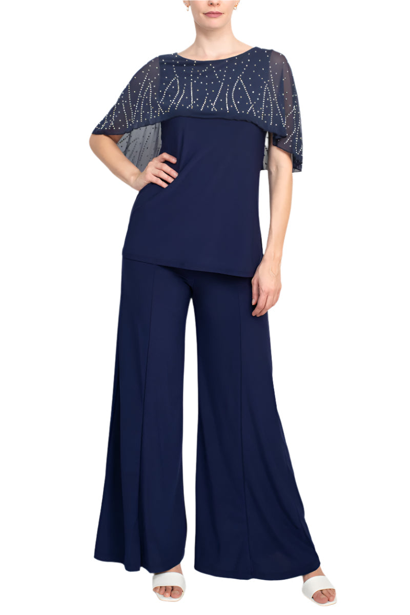 Marina Boat Neck Embellished Capelet Sleeve Solid Top and Elastic Mid Waist Wide Leg Two Piece Pant Set-4
