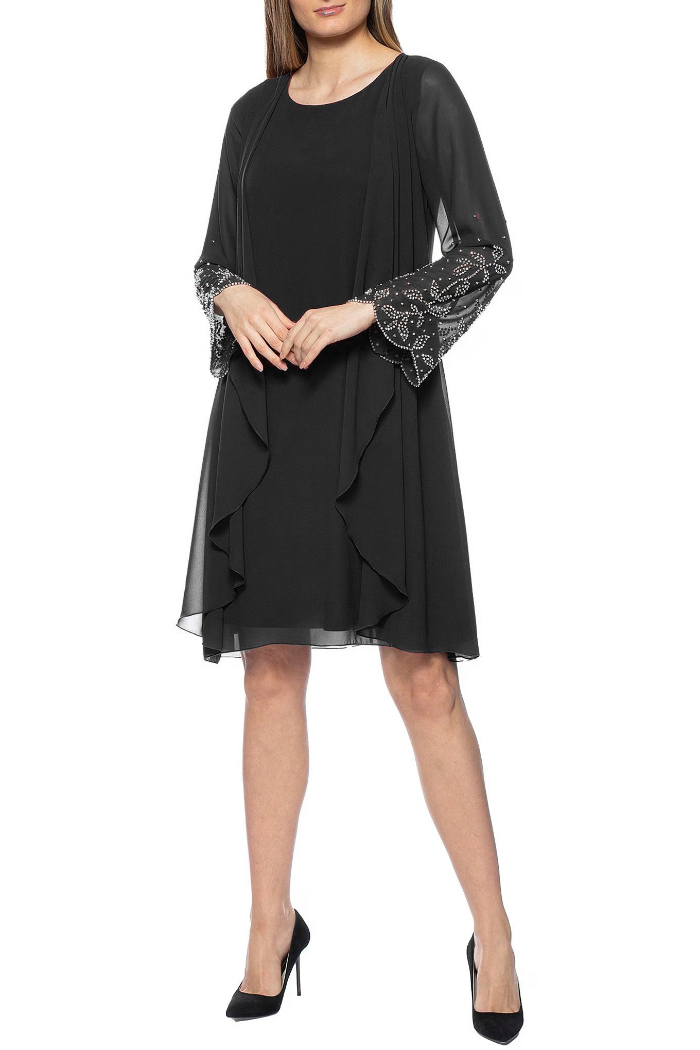 Marina Scoop Neck Embellished Sleeve Keyhole Back Solid Chiffon Jacket Dress-2