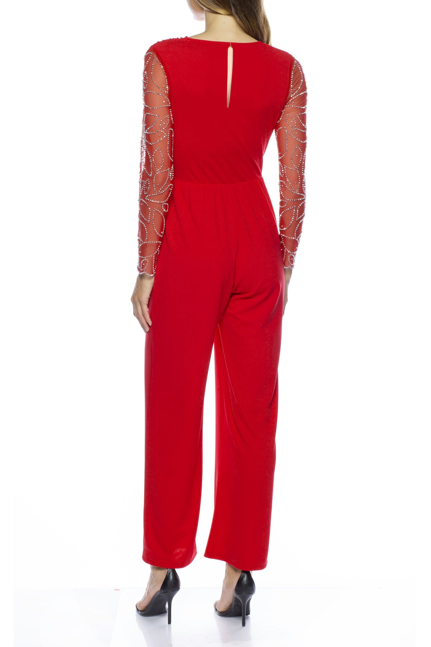 Marina V-Neck Embellished Long Sleeve Elastic Tie Waist Keyhole Back Solid Stretch Crepe Jumpsuit-1