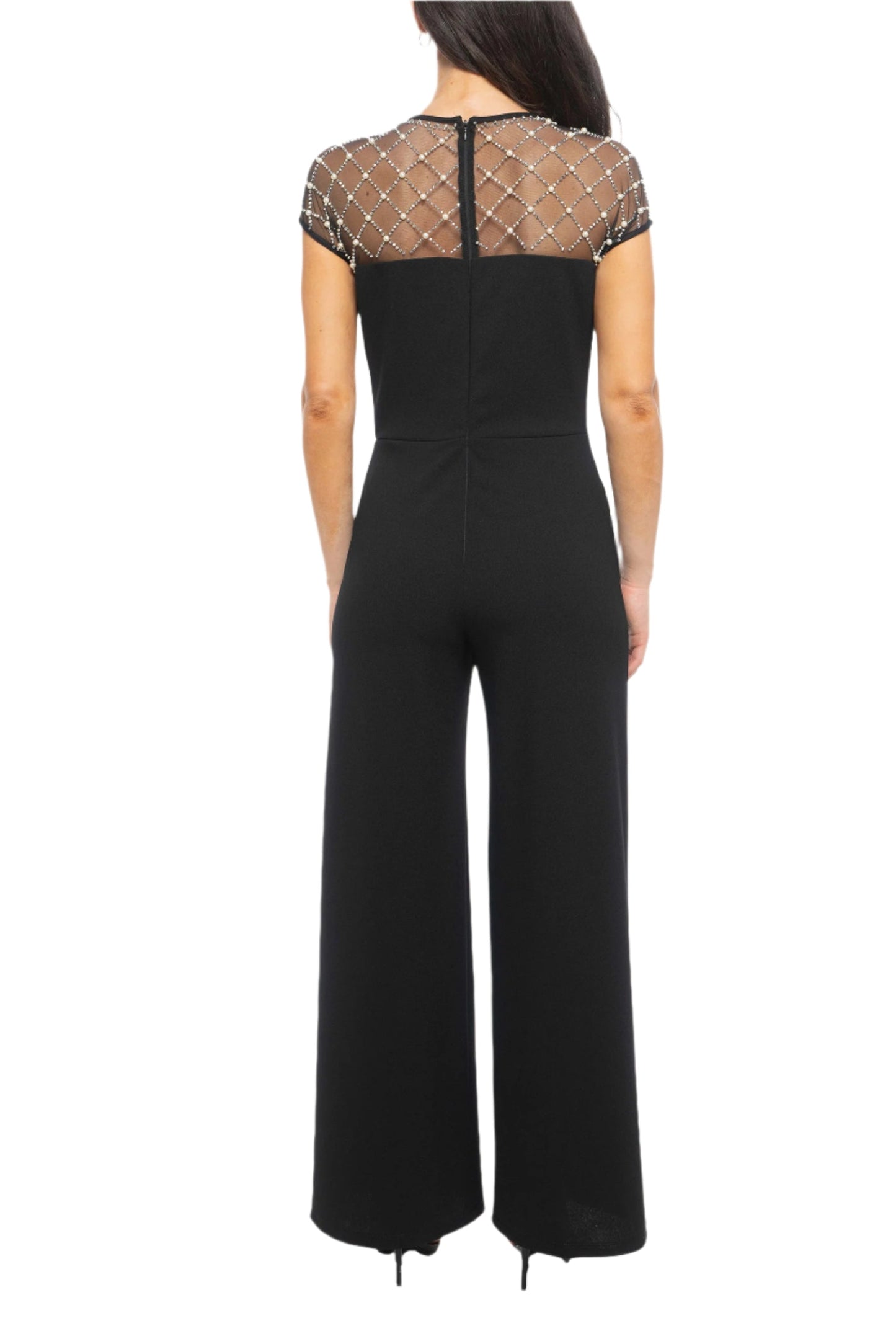 Marina Jewel Neck Beaded Mesh Scuba Crepe Short Sleeve Jumpsuit-1