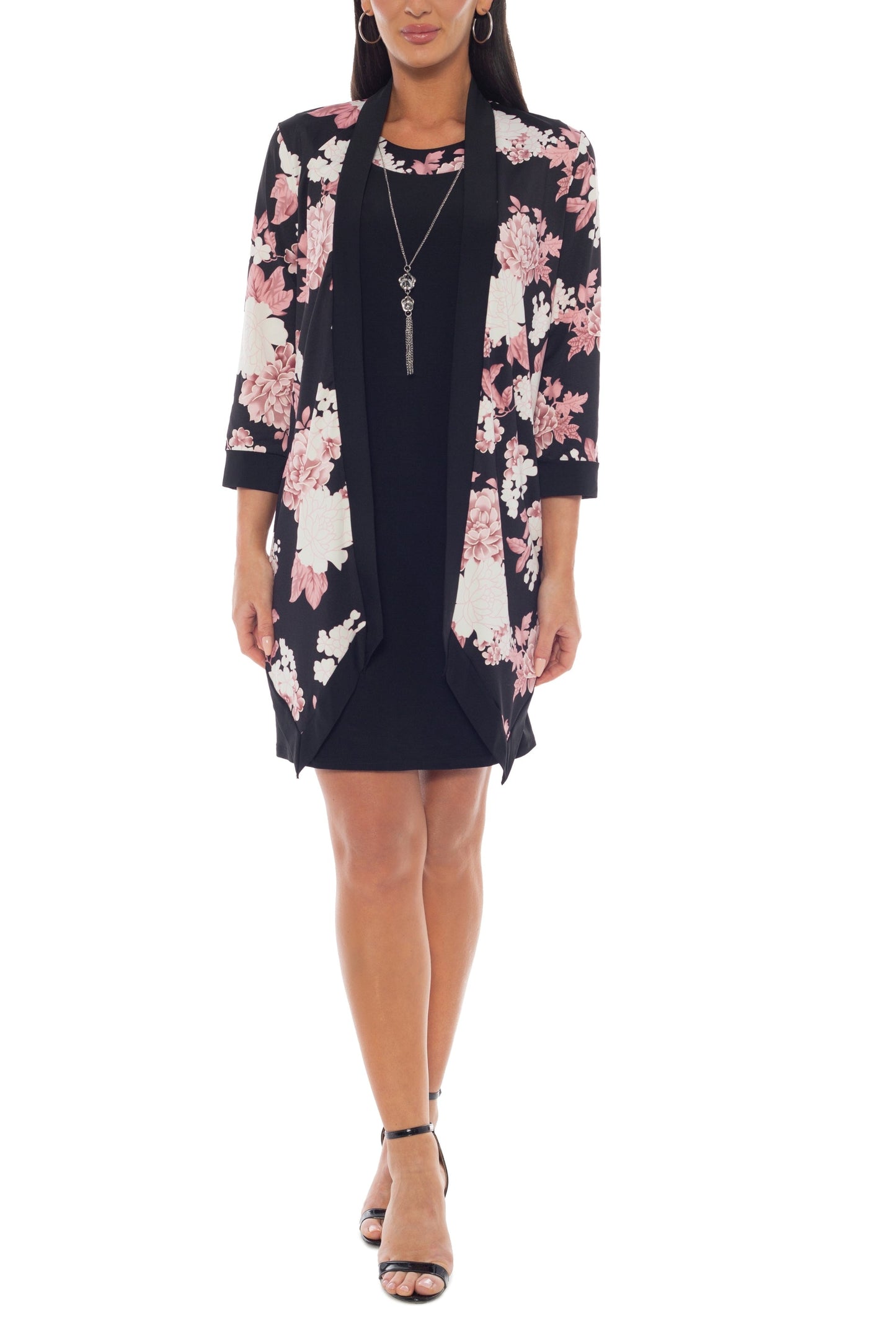 Marina Scoop Neck Sleeveless Sheath Silhouette Top With Open Front Floral Print Jacket-0