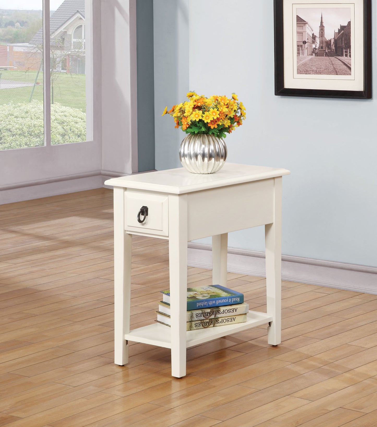 23" White Wood End Table With Drawer And Magazine Holder-2