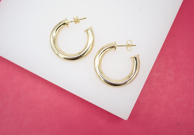 18K Gold Filled 5mm Thick Open Hoop Stud Hoops Earrings (J49)-0
