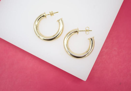 18K Gold Filled 5mm Thick Open Hoop Stud Hoops Earrings (J49)-0