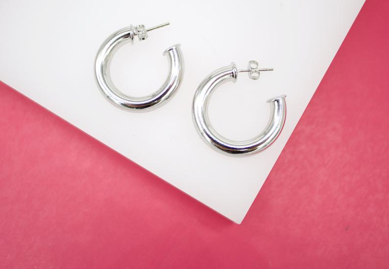 18K Gold Filled 5mm Thick Open Hoop Stud Hoops Earrings (J49)-1