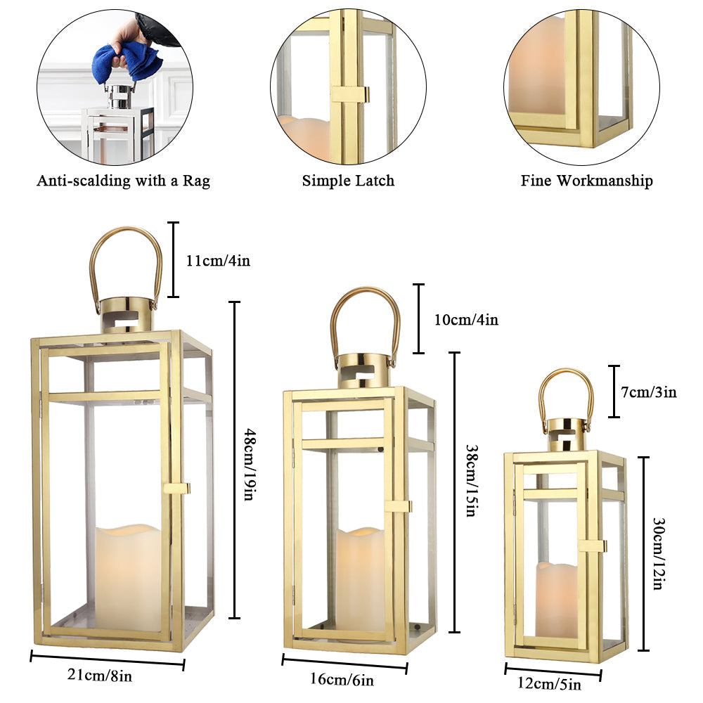 19''&15''&12'' H Stainless Steel Metal Candle Lantern  Candle Holder with Clear Glass Panels(Set of 3 Gold)-2