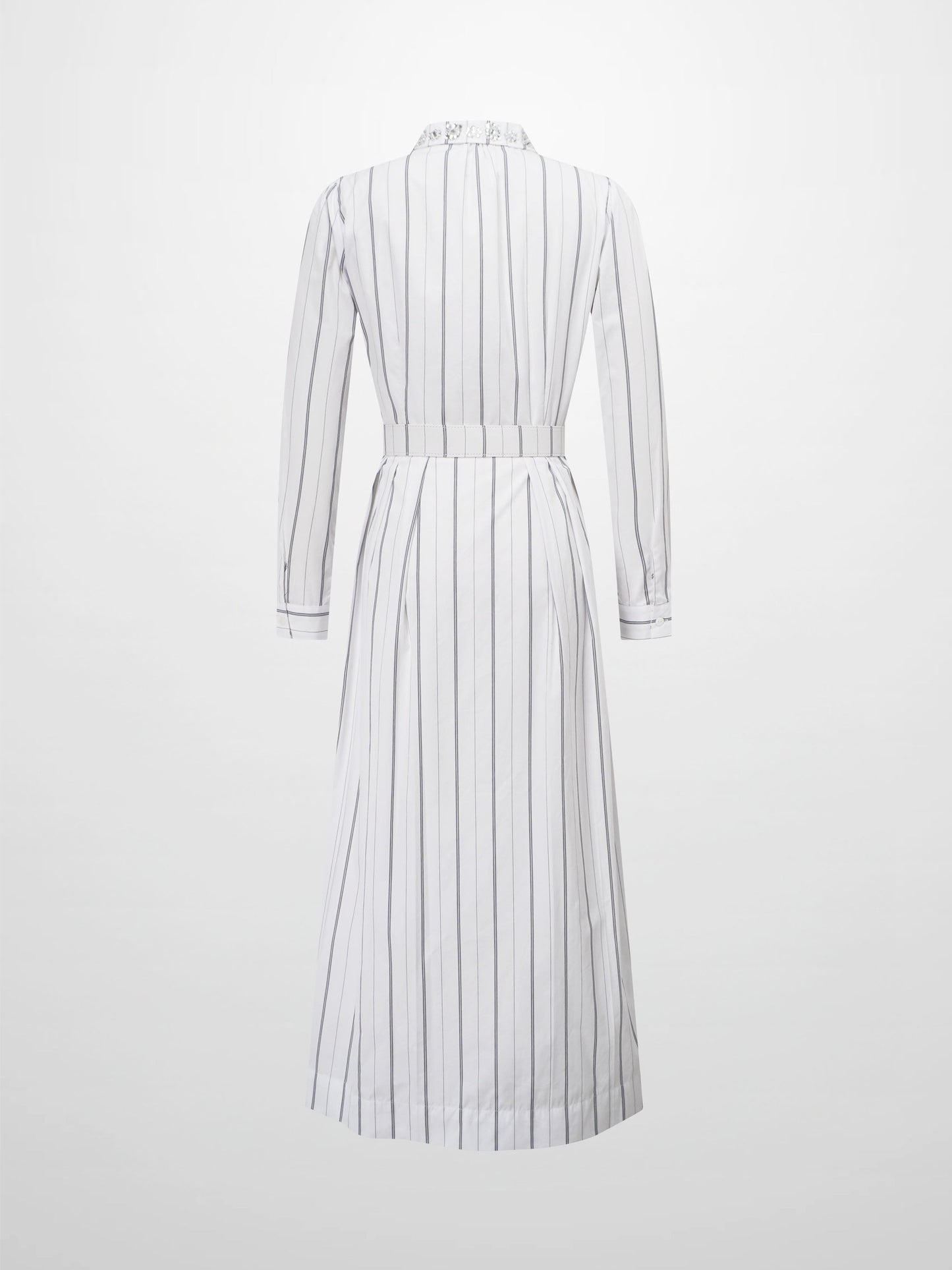 Jeweled Collar Belted Shirtdress-White Pinstripe-2