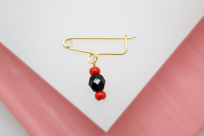 18K Gold Filled Azabache Red And Black Bead Pin-1