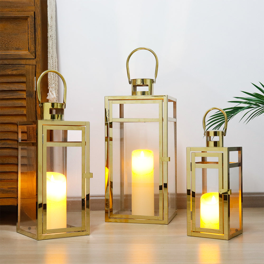 19''&15''&12'' H Stainless Steel Metal Candle Lantern  Candle Holder with Clear Glass Panels(Set of 3 Gold)-4