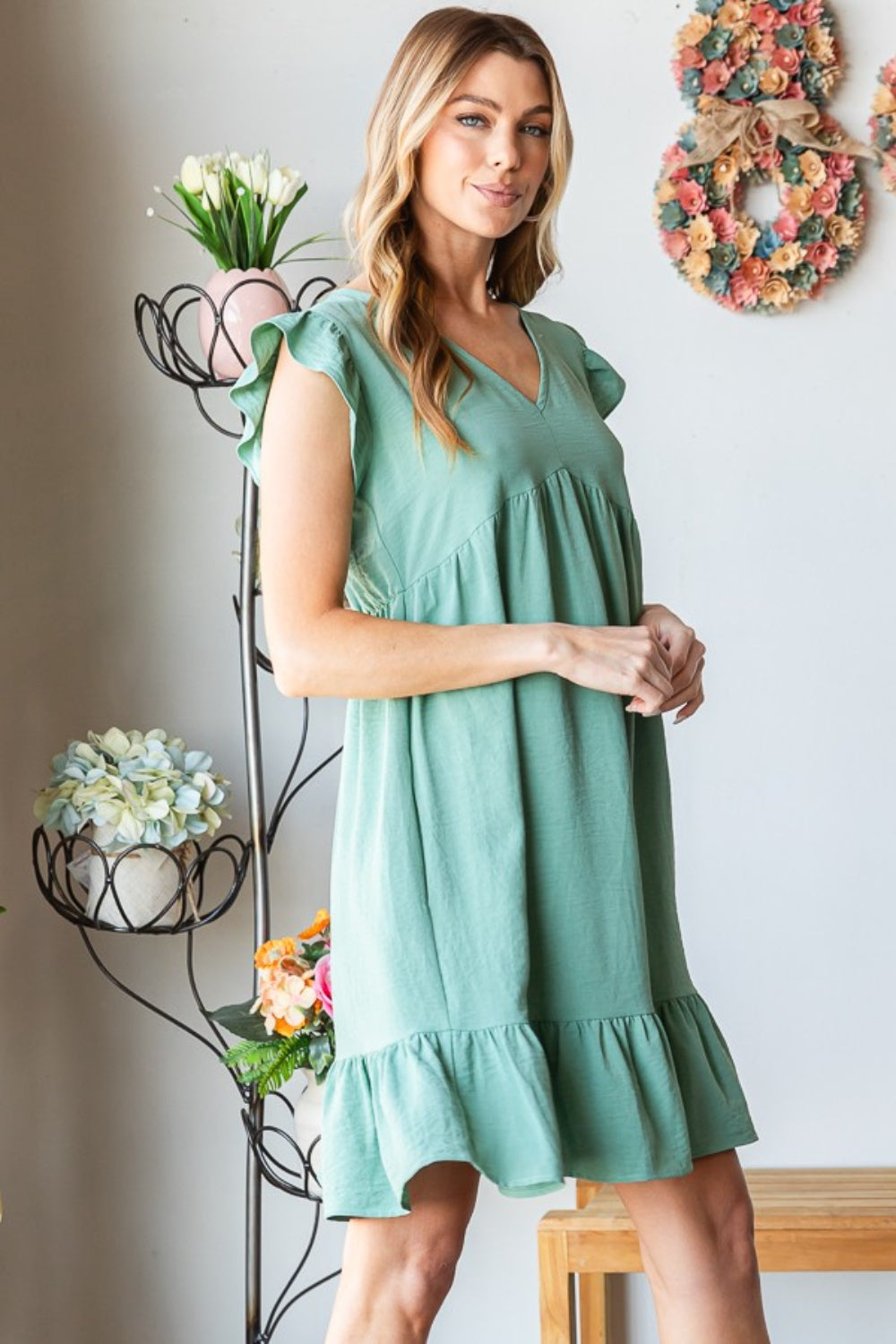 Heimish Full Size Short Sleeve V Neck Ruffled Hem Dress-3