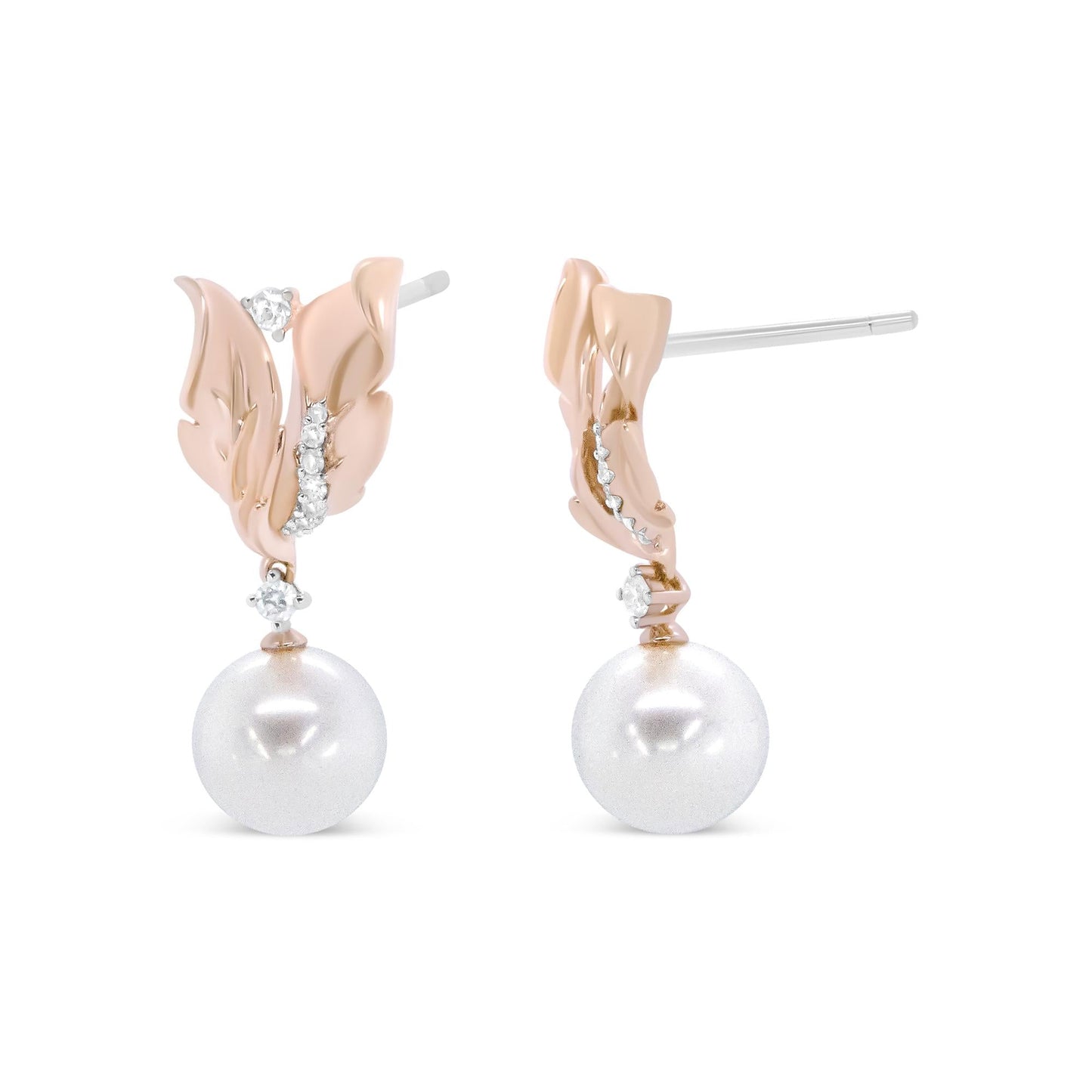 14K Rose Gold 1/6 Cttw Round Diamond and 8mm Round Pearl Floral Drop Stud Earrings (H-I Color, I1-I2 Clarity)-2