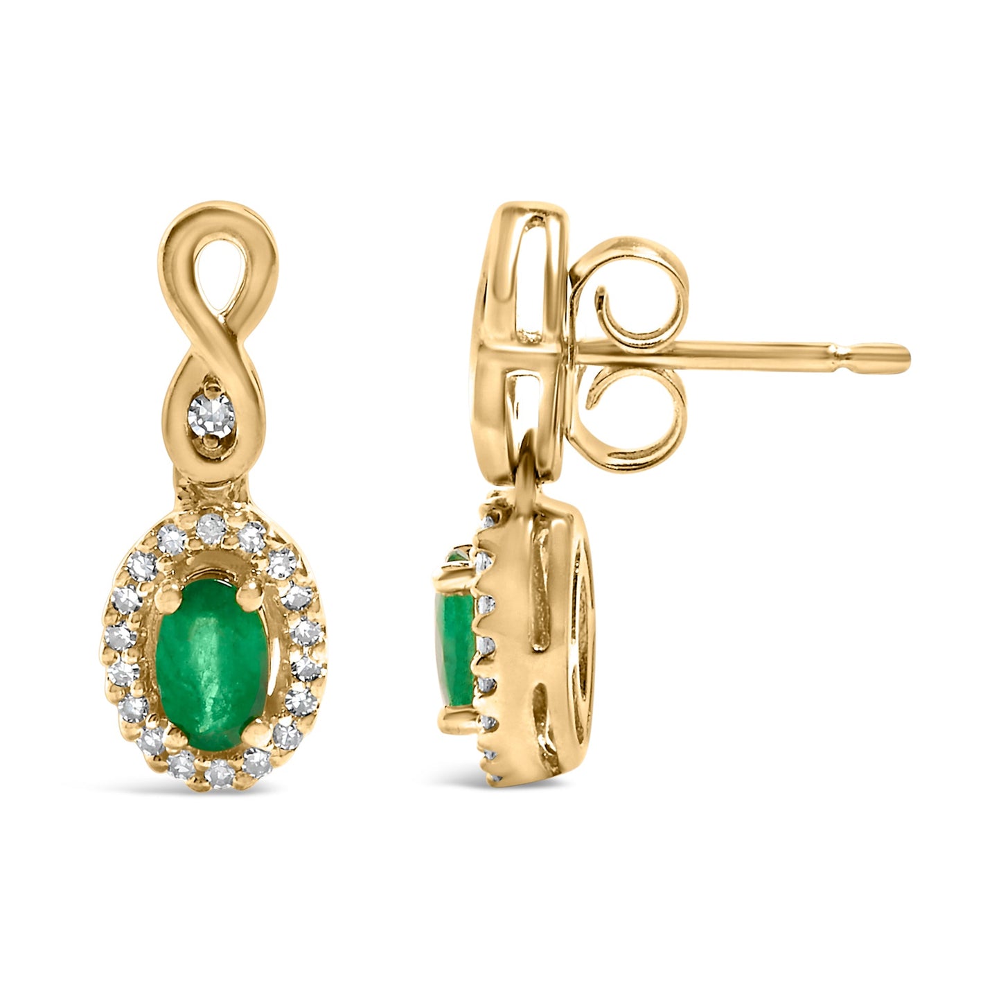 10K Yellow Gold Oval Cut Green Emerald 5x3 mm and 1/7 Cttw Round Diamond Dangle Earrings-2