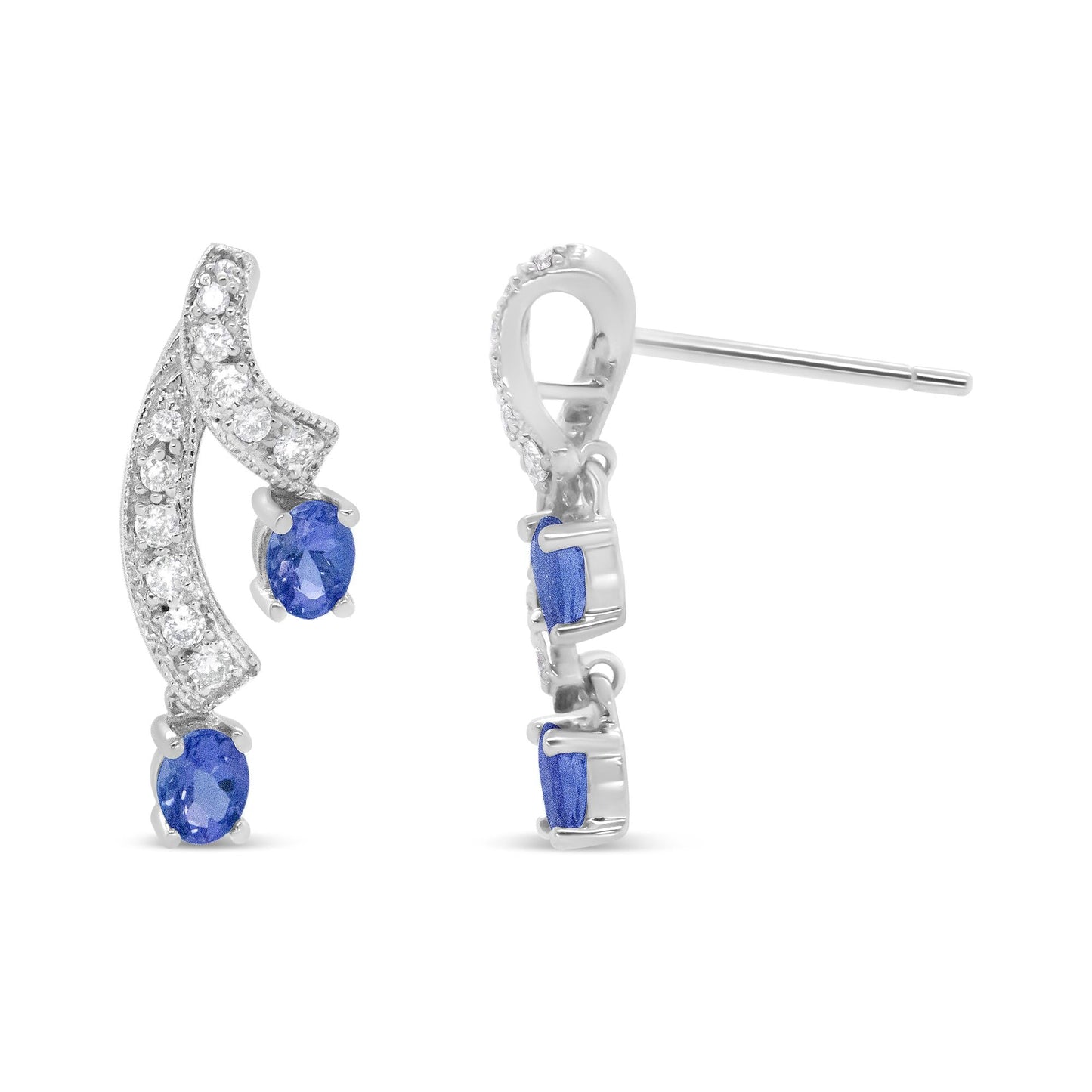 14K White Gold 4x3MM Oval Shaped Natural Blue Tanzanite Gemstone and 1/5 Cttw Diamond Double 3/4" Inch Drop Stud Earrings (H-I Color, VS1-VS2 Clarity)-2
