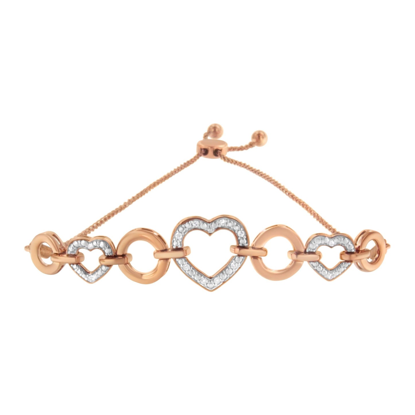 14K Rose Gold Plated .925 Sterling Silver Diamond Accent Circle and Heart Link Adjustable 6”-10” Bolo Bracelet (I-J Color, I3 Clarity)-2