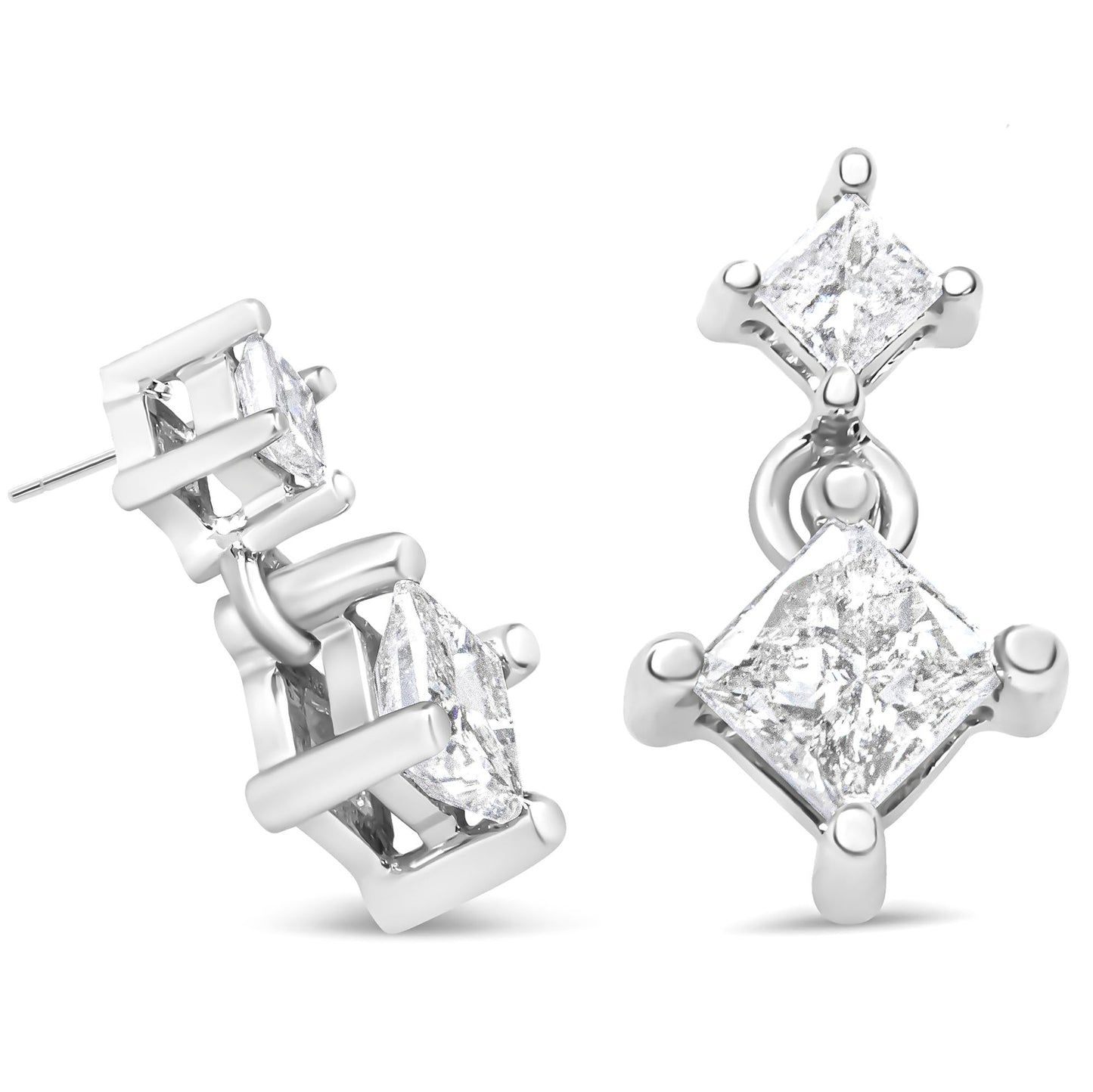 14K White Gold 3/8 Cttw Princess-Cut Diamond Double Dangle 2 Stone Stud Drop Earrings for Women (I-J Color, I2-I3 Clarity)-2