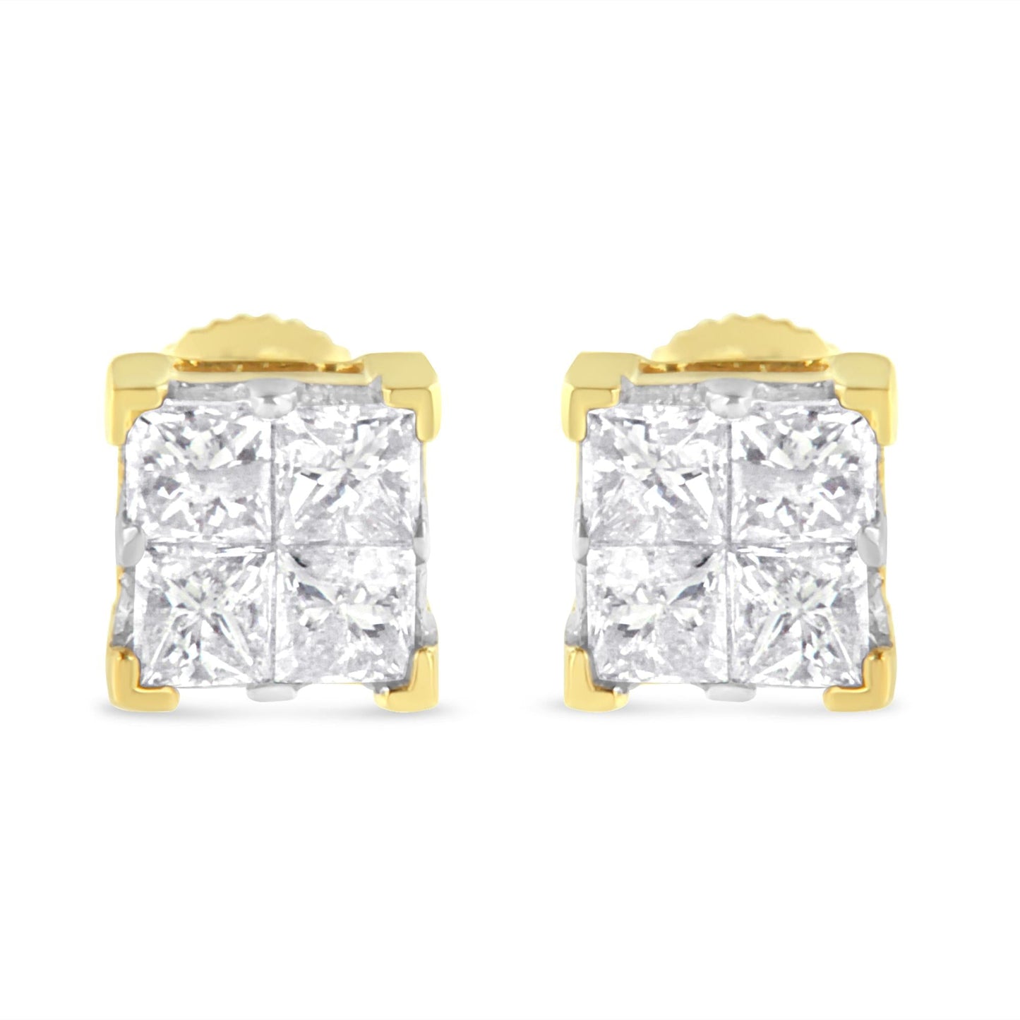 10K Yellow Gold 3/4 Cttw Invisible Set Princess-Cut Diamond Composite Square Stud Earrings (I-J Color, I2-I3 Clarity)-2