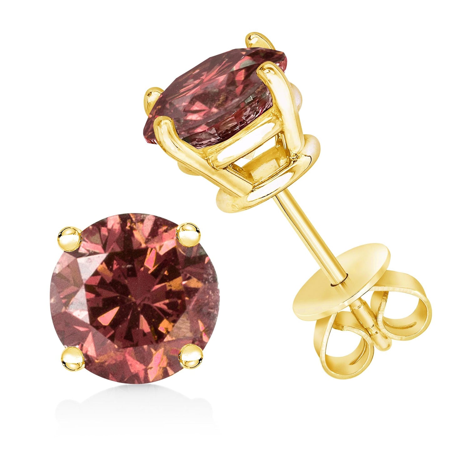 14K Yellow Gold 1.00 Cttw Round Brilliant Cut Lab Grown Pink Diamond 4-Prong Classic Solitaire Earrings (Pink Color, VVS2-VS1 Clarity)-2