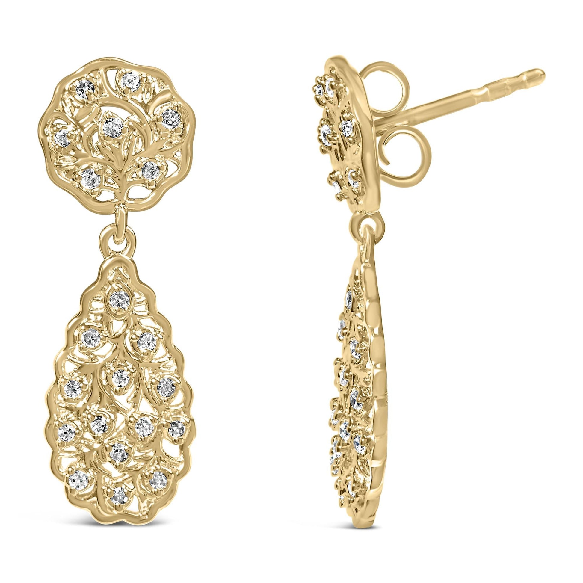 14K Yellow Gold Plated Sterling Silver 1/5 Cttw Diamond Teardrop Filigree Earrings (H-I Color, I1-I2 Clarity)-2