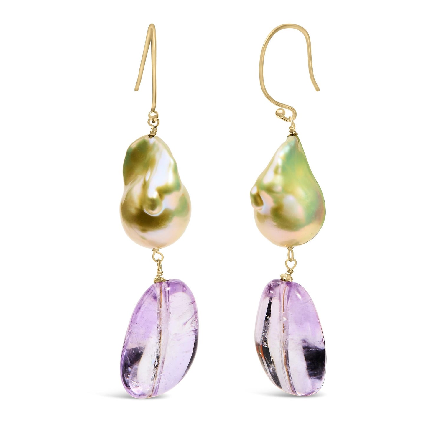 14K Yellow Gold Amethyst and Baroque Pearl Drop and Dangle Earrings 2" Inch Dangle Length-2