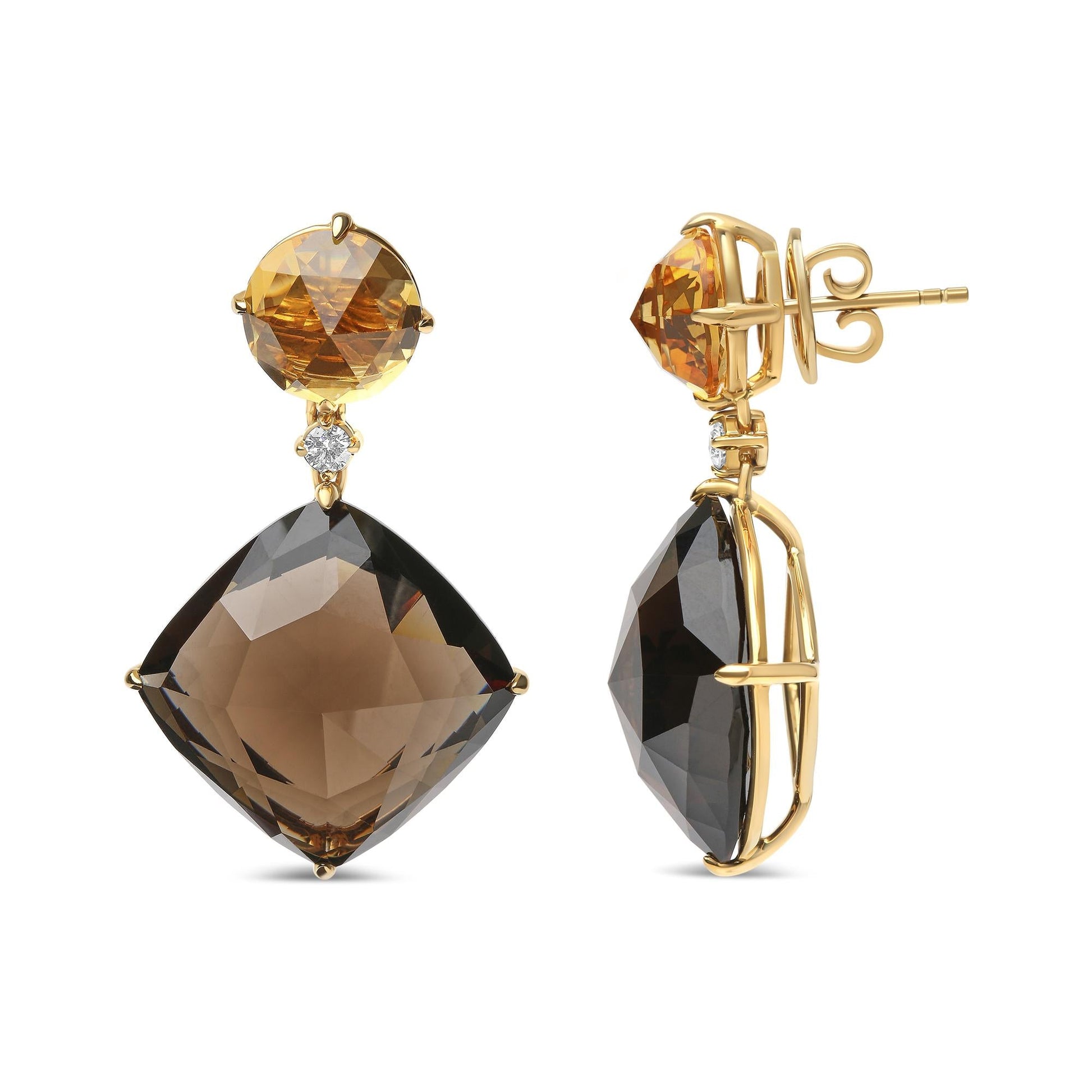 18K Yellow Gold 1/5 Cttw Diamond with Round Yellow Citrine and 25mm Cushion Cut Smoky Quartz Gemstone Dangle Earring (G-H Color, SI1-SI2 Clarity)-2