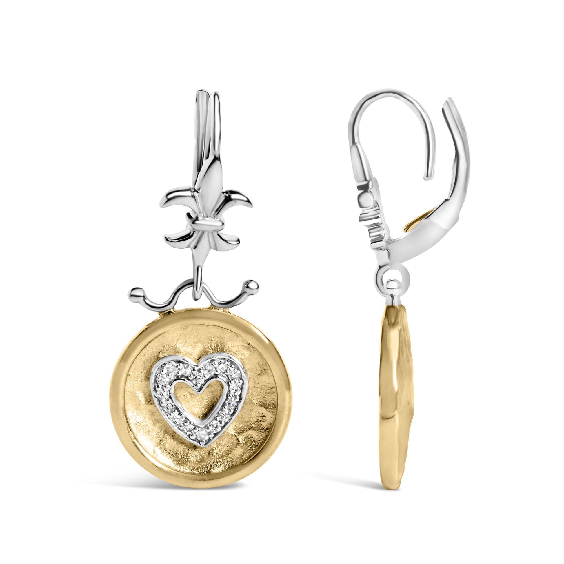 18K Yellow Gold Plated .925 Sterling Silver 1/8 Cttw Diamond Hammered Finished Medallion Heart Drop and Dangle Earrings (I-J Color, SI1-SI2 Clarity)-4